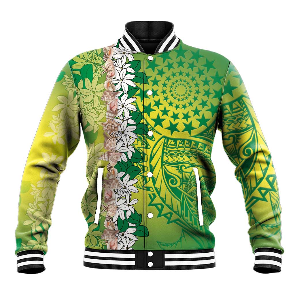 Cook Islands Tiare Maori With Conch Shell Baseball Jacket Pasifika Fest Polynesian Tattoo Green