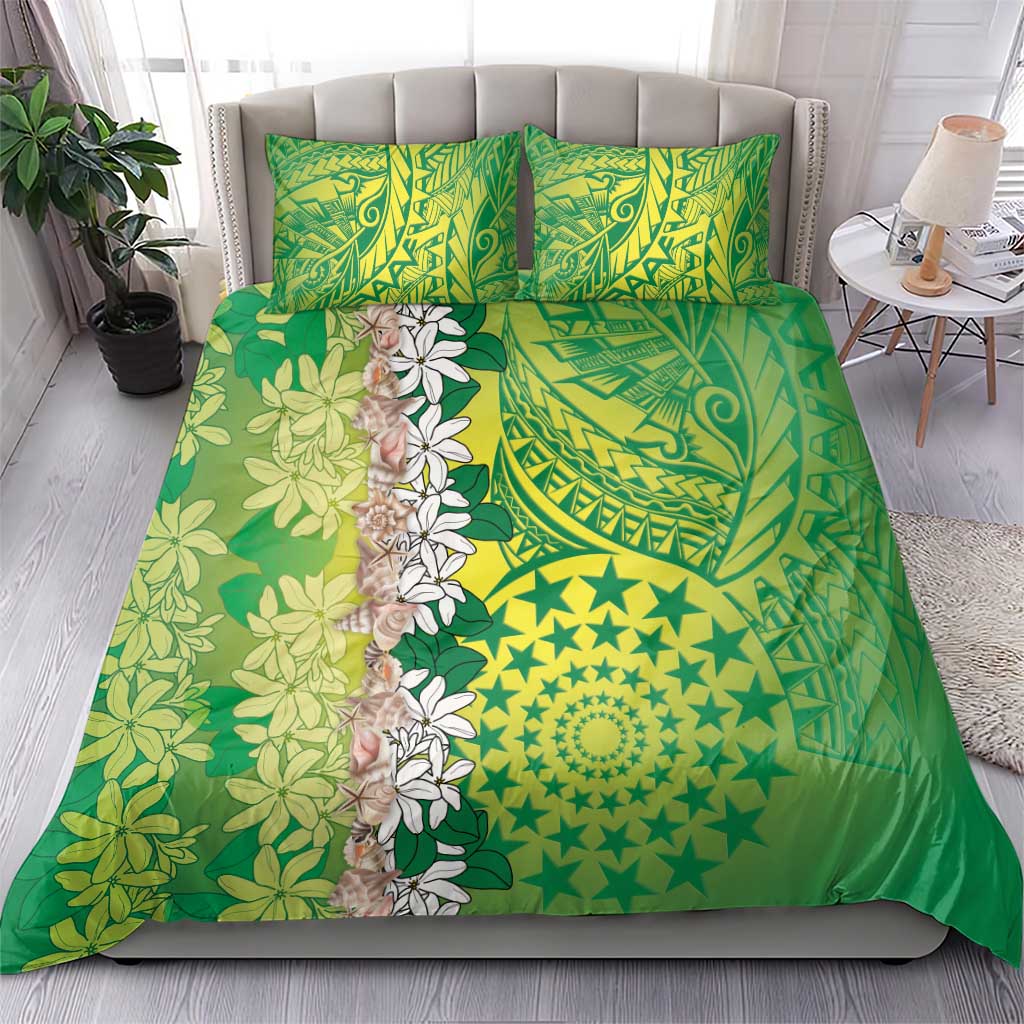 Cook Islands Tiare Maori With Conch Shell Bedding Set Pasifika Fest Polynesian Tattoo Green