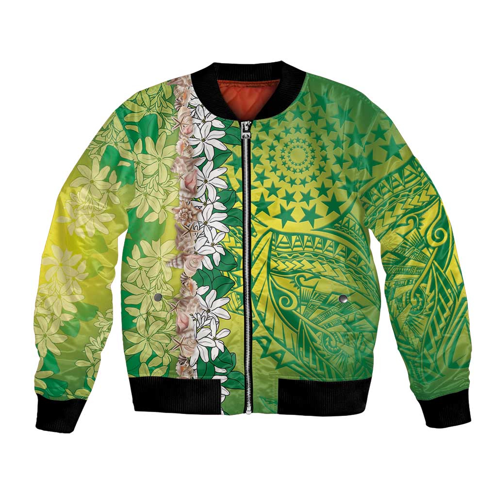 Cook Islands Tiare Maori With Conch Shell Bomber Jacket Pasifika Fest Polynesian Tattoo Green