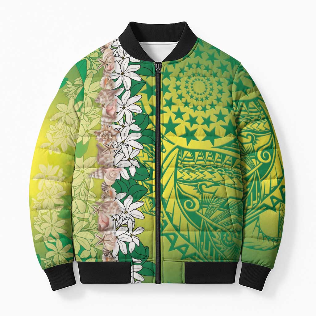 Cook Islands Tiare Maori With Conch Shell Bomber Puffer Jacket Pasifika Fest Polynesian Tattoo Green LT14 Unisex Green - Polynesian Pride