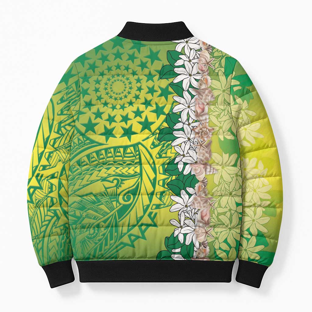 Cook Islands Tiare Maori With Conch Shell Bomber Puffer Jacket Pasifika Fest Polynesian Tattoo Green LT14 - Polynesian Pride