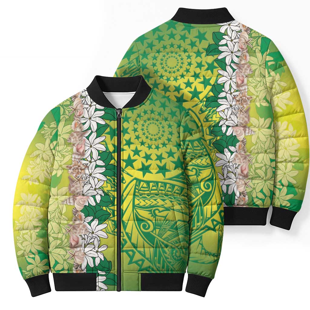 Cook Islands Tiare Maori With Conch Shell Bomber Puffer Jacket Pasifika Fest Polynesian Tattoo Green LT14 - Polynesian Pride