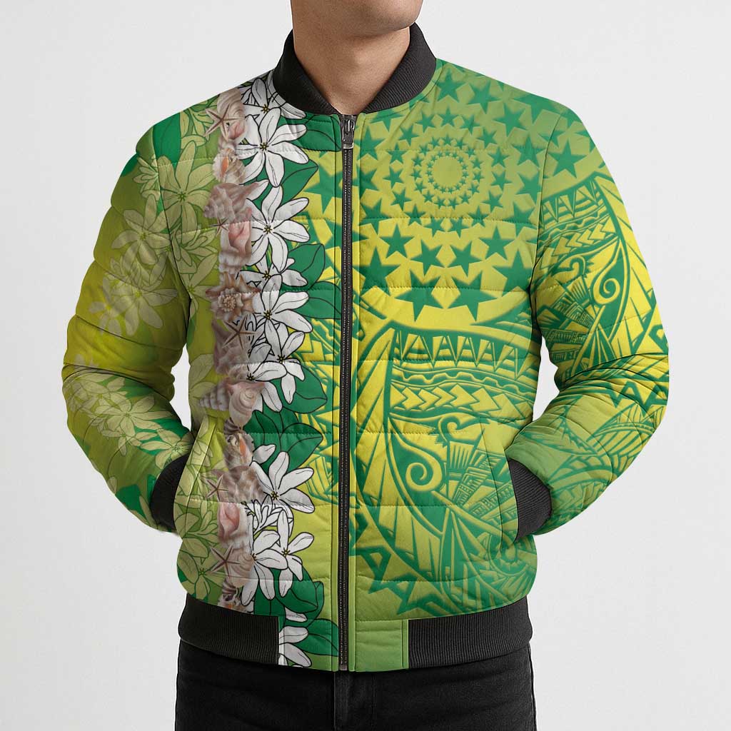 Cook Islands Tiare Maori With Conch Shell Bomber Puffer Jacket Pasifika Fest Polynesian Tattoo Green LT14 - Polynesian Pride