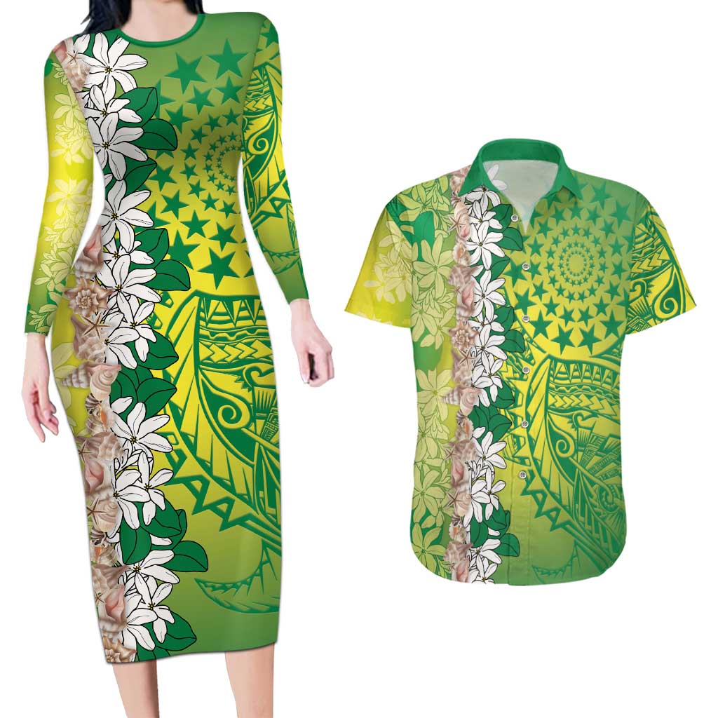Cook Islands Tiare Maori With Conch Shell Couples Matching Long Sleeve Bodycon Dress and Hawaiian Shirt Pasifika Fest Polynesian Tattoo Green LT14 Green - Polynesian Pride