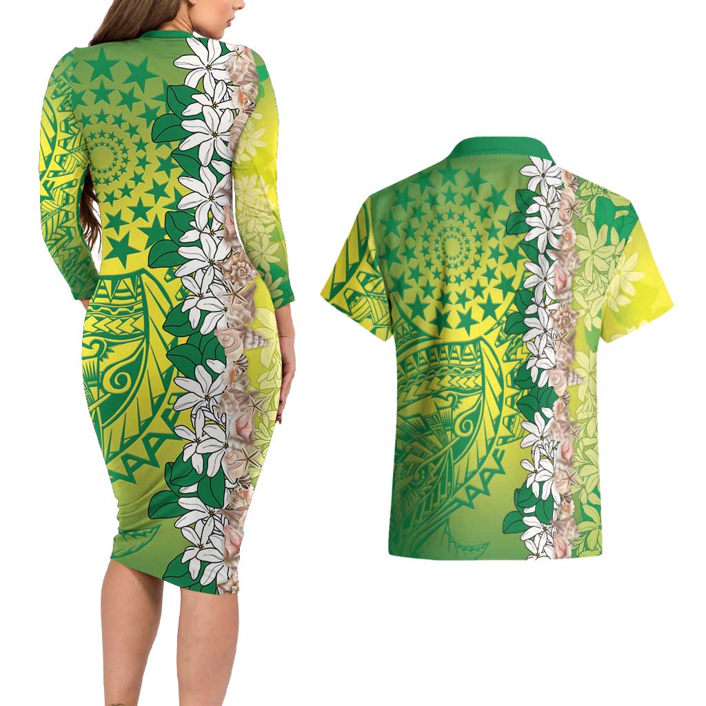 Cook Islands Tiare Maori With Conch Shell Couples Matching Long Sleeve Bodycon Dress and Hawaiian Shirt Pasifika Fest Polynesian Tattoo Green LT14 - Polynesian Pride