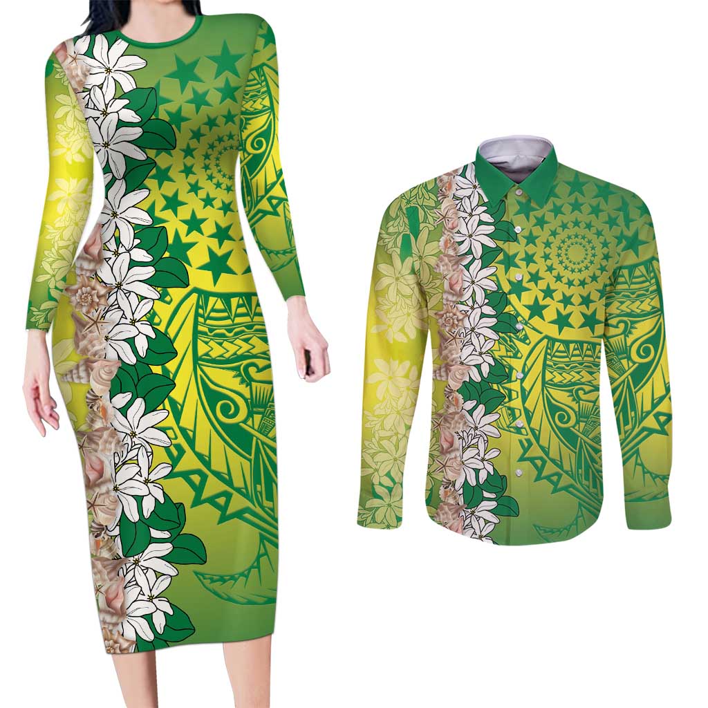 Cook Islands Tiare Maori With Conch Shell Couples Matching Long Sleeve Bodycon Dress and Long Sleeve Button Shirt Pasifika Fest Polynesian Tattoo Green