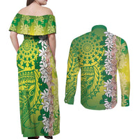 Cook Islands Tiare Maori With Conch Shell Couples Matching Off Shoulder Maxi Dress and Long Sleeve Button Shirt Pasifika Fest Polynesian Tattoo Green