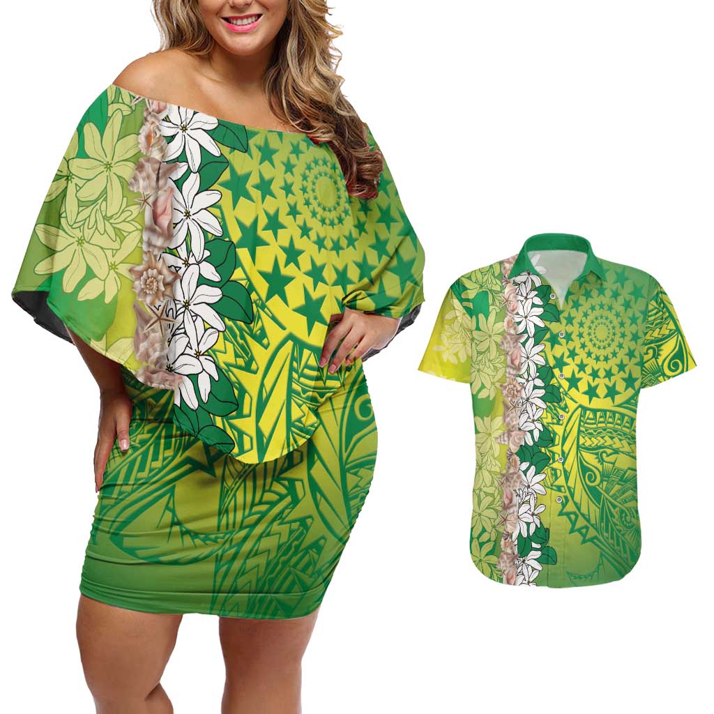 Cook Islands Tiare Maori With Conch Shell Couples Matching Off Shoulder Short Dress and Hawaiian Shirt Pasifika Fest Polynesian Tattoo Green