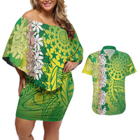 Cook Islands Tiare Maori With Conch Shell Couples Matching Off Shoulder Short Dress and Hawaiian Shirt Pasifika Fest Polynesian Tattoo Green