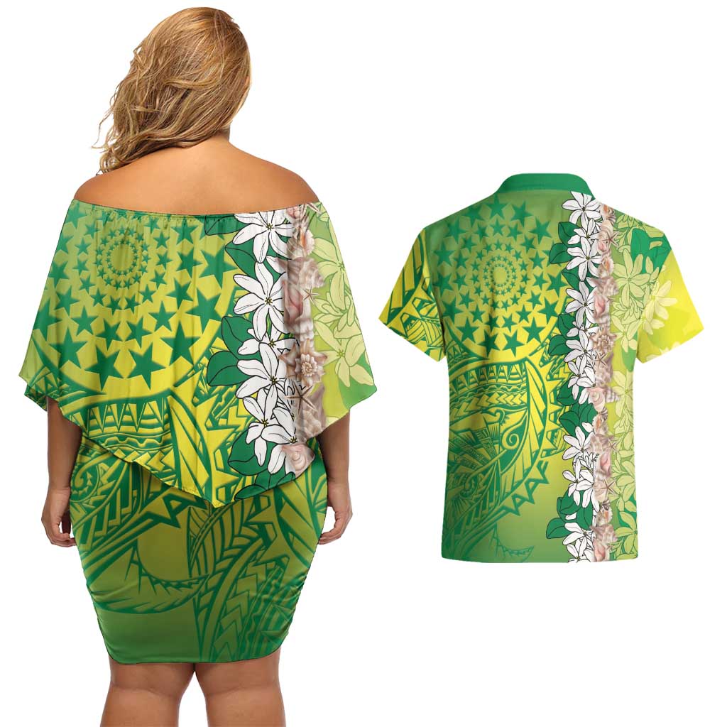 Cook Islands Tiare Maori With Conch Shell Couples Matching Off Shoulder Short Dress and Hawaiian Shirt Pasifika Fest Polynesian Tattoo Green