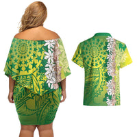 Cook Islands Tiare Maori With Conch Shell Couples Matching Off Shoulder Short Dress and Hawaiian Shirt Pasifika Fest Polynesian Tattoo Green