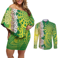 Cook Islands Tiare Maori With Conch Shell Couples Matching Off Shoulder Short Dress and Long Sleeve Button Shirt Pasifika Fest Polynesian Tattoo Green