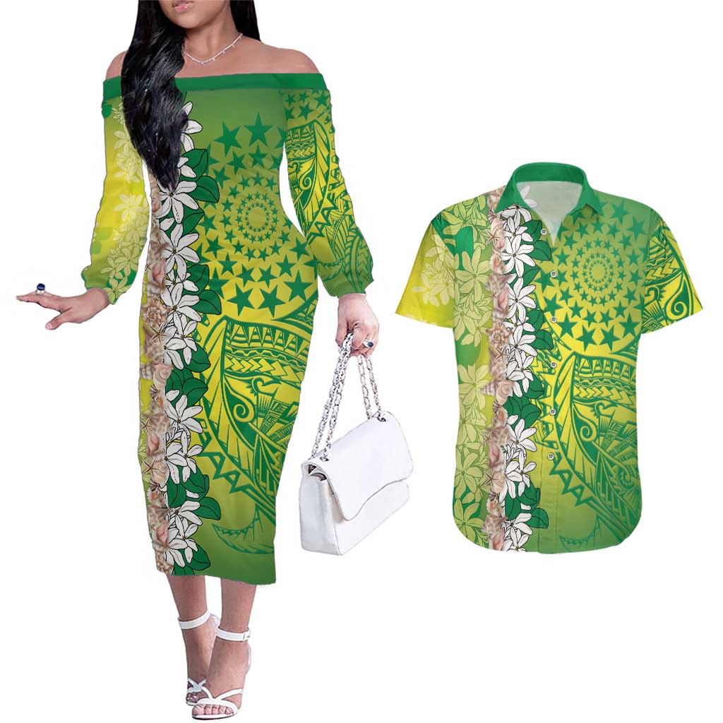 Cook Islands Tiare Maori With Conch Shell Couples Matching Off The Shoulder Long Sleeve Dress and Hawaiian Shirt Pasifika Fest Polynesian Tattoo Green