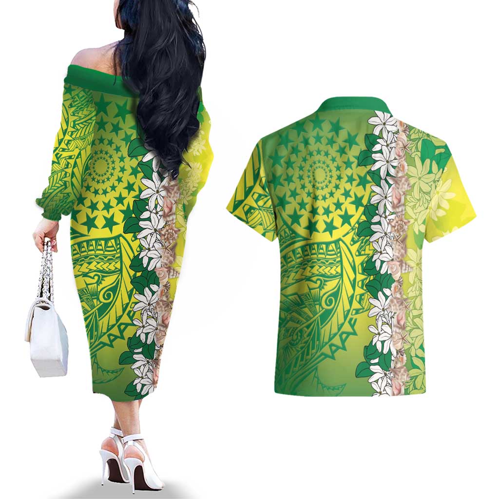 Cook Islands Tiare Maori With Conch Shell Couples Matching Off The Shoulder Long Sleeve Dress and Hawaiian Shirt Pasifika Fest Polynesian Tattoo Green