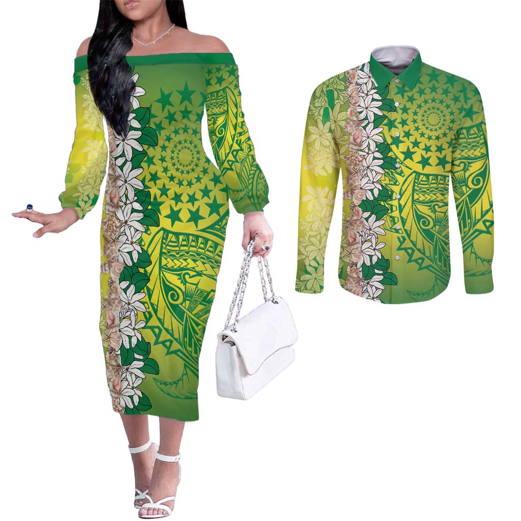 Cook Islands Tiare Maori With Conch Shell Couples Matching Off The Shoulder Long Sleeve Dress and Long Sleeve Button Shirt Pasifika Fest Polynesian Tattoo Green LT14 Green - Polynesian Pride