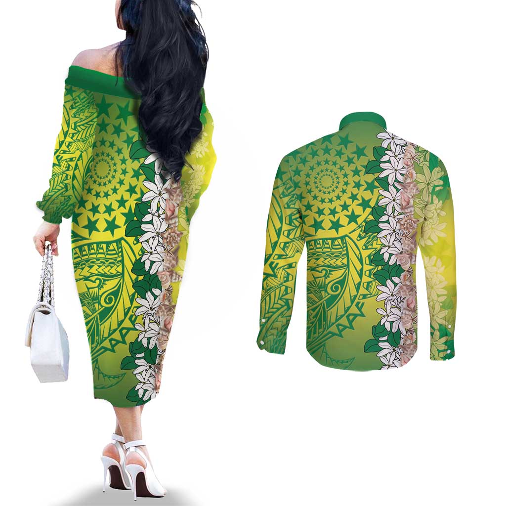 Cook Islands Tiare Maori With Conch Shell Couples Matching Off The Shoulder Long Sleeve Dress and Long Sleeve Button Shirt Pasifika Fest Polynesian Tattoo Green LT14 - Polynesian Pride