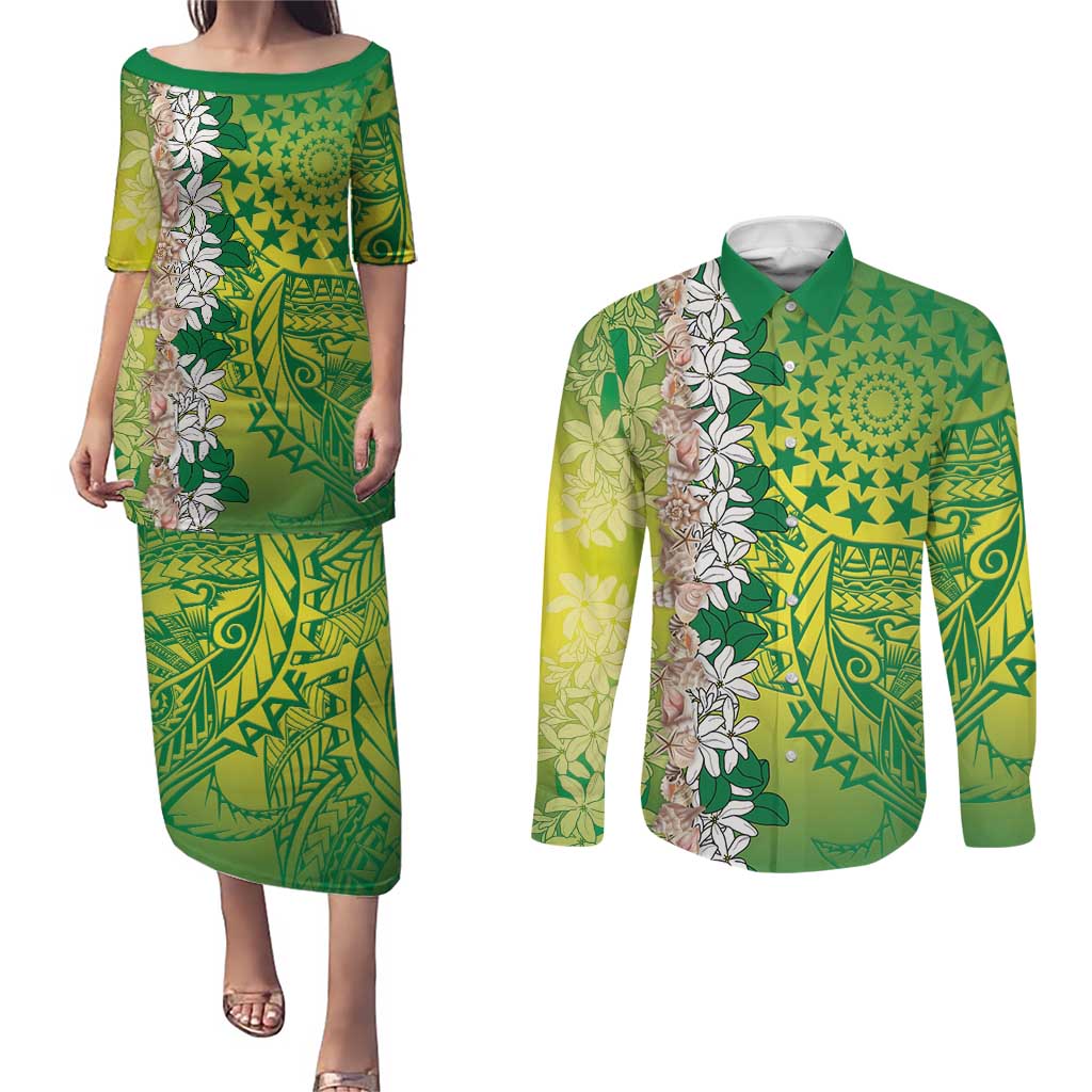 Cook Islands Tiare Maori With Conch Shell Couples Matching Puletasi and Long Sleeve Button Shirt Pasifika Fest Polynesian Tattoo Green