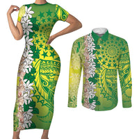 Cook Islands Tiare Maori With Conch Shell Couples Matching Short Sleeve Bodycon Dress and Long Sleeve Button Shirt Pasifika Fest Polynesian Tattoo Green