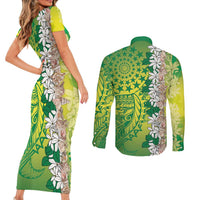Cook Islands Tiare Maori With Conch Shell Couples Matching Short Sleeve Bodycon Dress and Long Sleeve Button Shirt Pasifika Fest Polynesian Tattoo Green