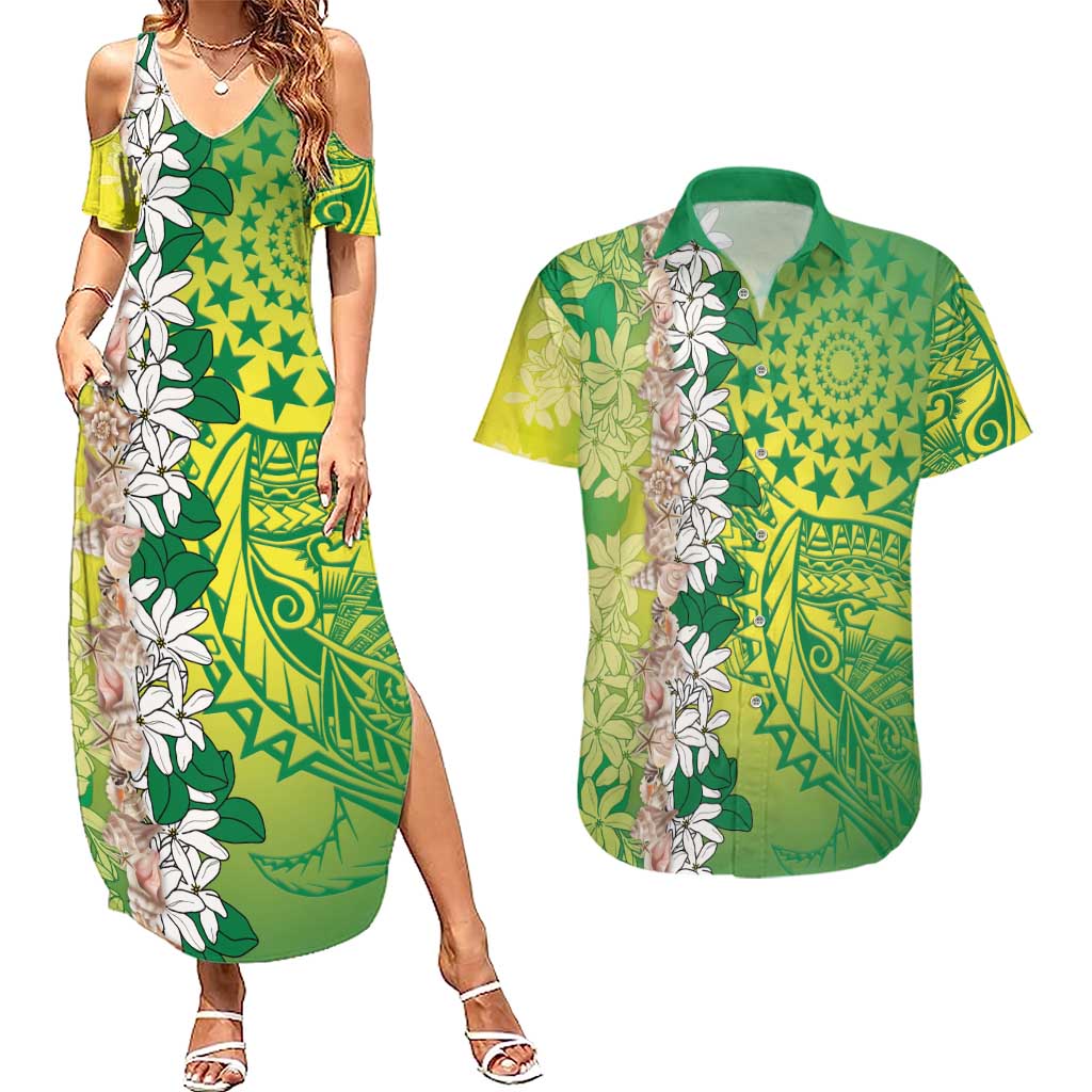 Cook Islands Tiare Maori With Conch Shell Couples Matching Summer Maxi Dress and Hawaiian Shirt Pasifika Fest Polynesian Tattoo Green