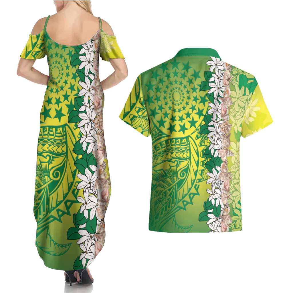 Cook Islands Tiare Maori With Conch Shell Couples Matching Summer Maxi Dress and Hawaiian Shirt Pasifika Fest Polynesian Tattoo Green