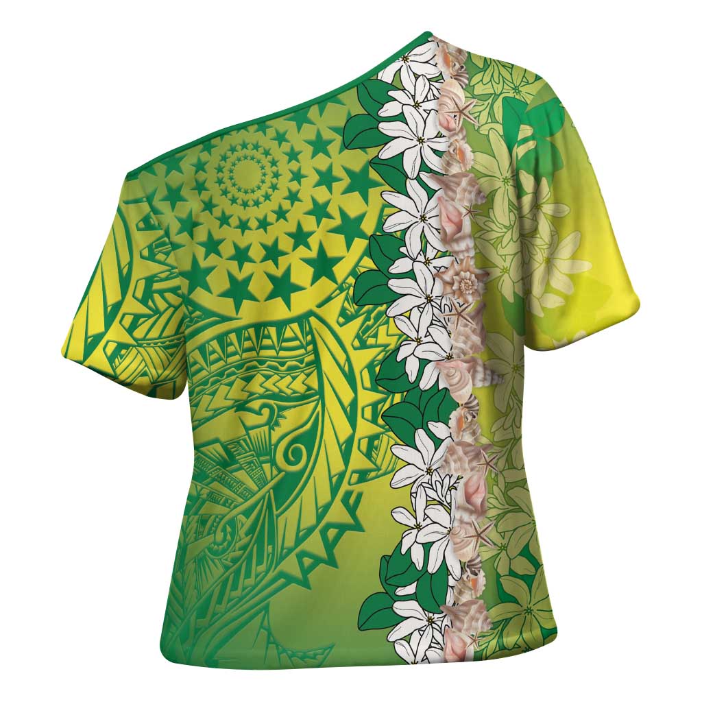 Cook Islands Tiare Maori With Conch Shell Cross Shoulder Shirt Pasifika Fest Polynesian Tattoo Green