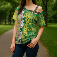 Cook Islands Tiare Maori With Conch Shell Cross Shoulder Shirt Pasifika Fest Polynesian Tattoo Green