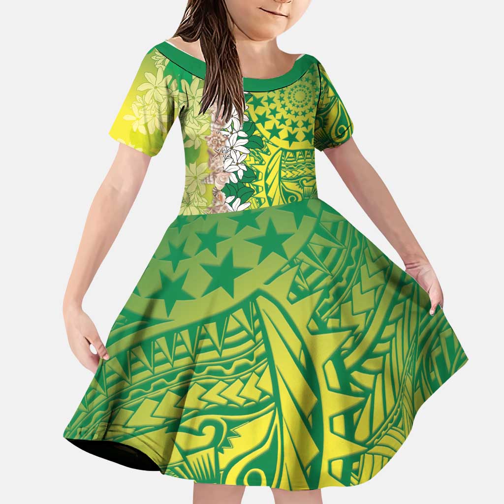 Cook Islands Tiare Maori With Conch Shell Family Matching Long Sleeve Bodycon Dress and Hawaiian Shirt Pasifika Fest Polynesian Tattoo Green LT14 Daughter's Dress Green - Polynesian Pride