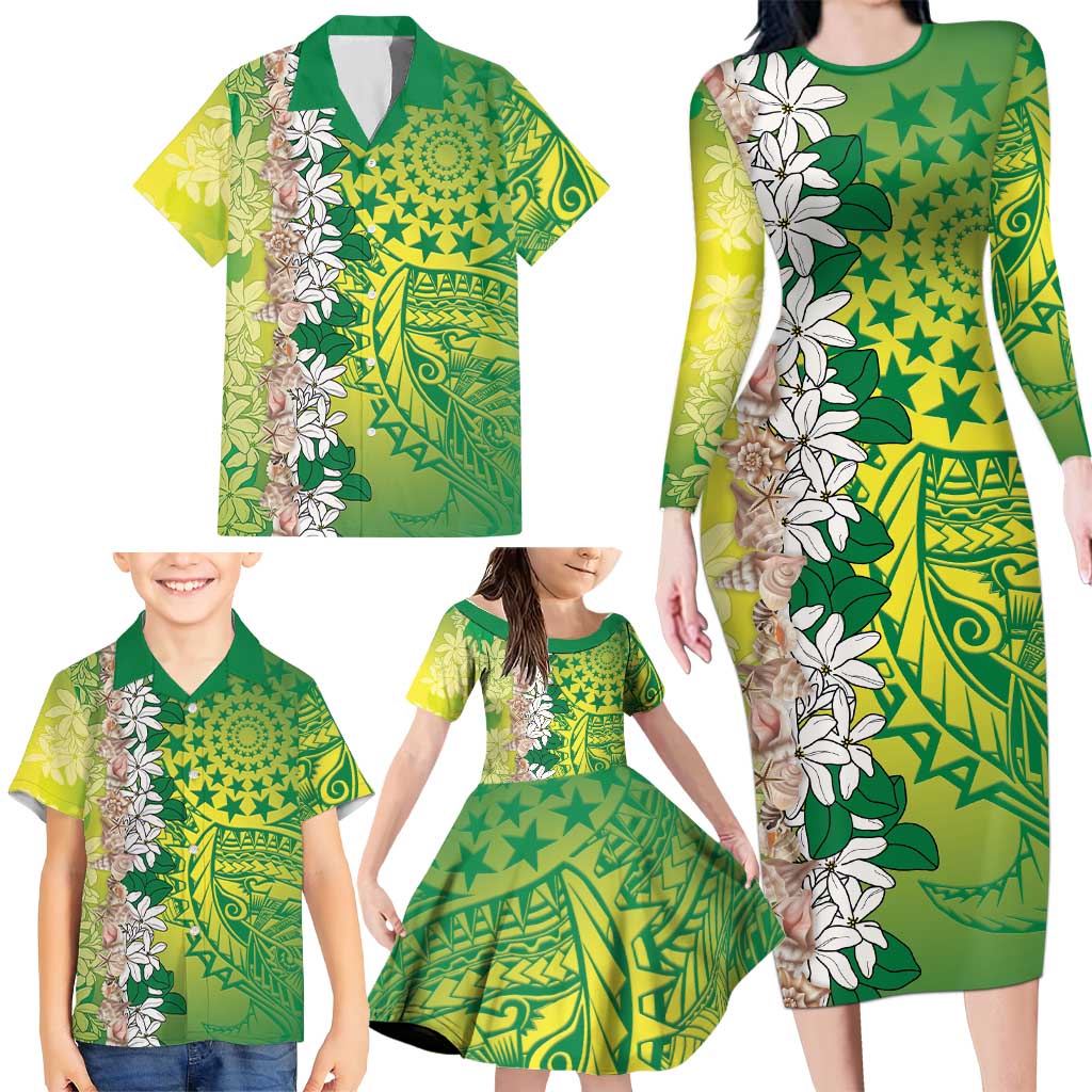Cook Islands Tiare Maori With Conch Shell Family Matching Long Sleeve Bodycon Dress and Hawaiian Shirt Pasifika Fest Polynesian Tattoo Green LT14 - Polynesian Pride