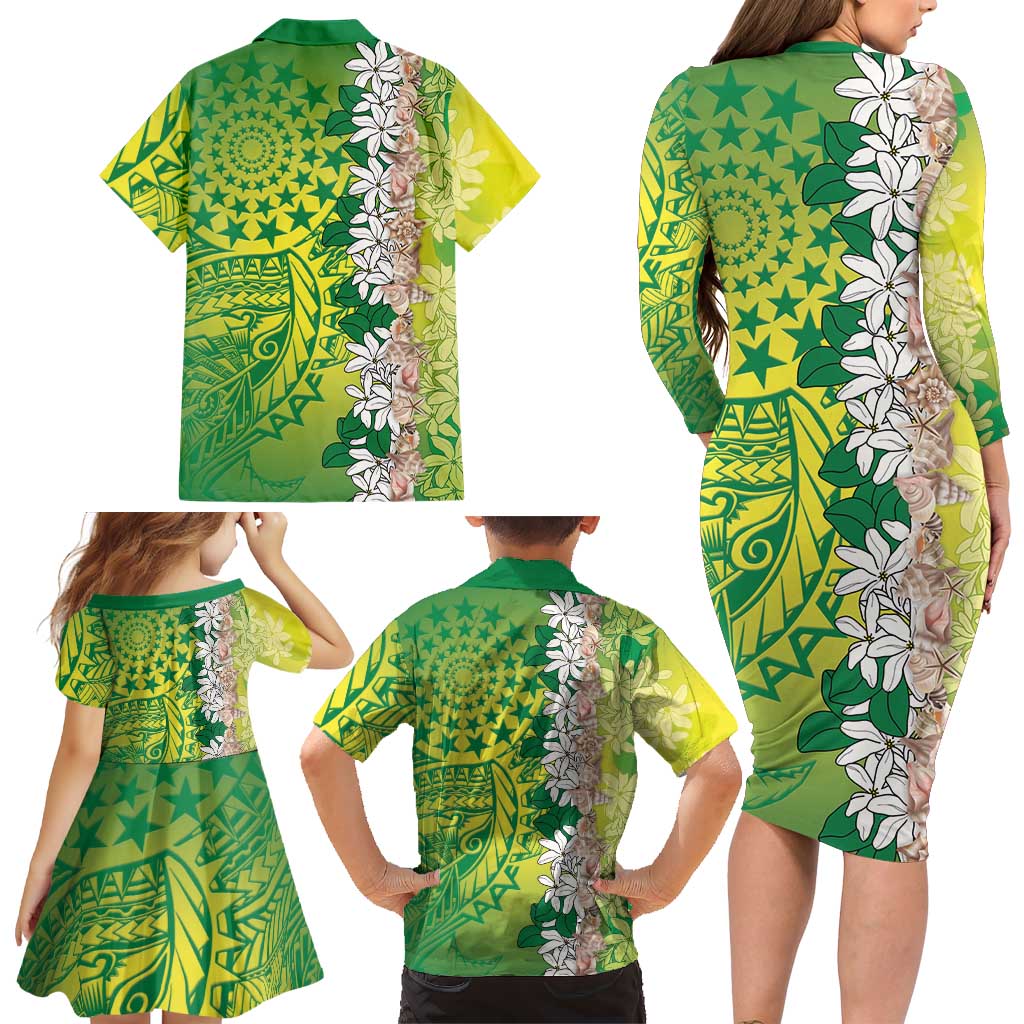 Cook Islands Tiare Maori With Conch Shell Family Matching Long Sleeve Bodycon Dress and Hawaiian Shirt Pasifika Fest Polynesian Tattoo Green LT14 - Polynesian Pride