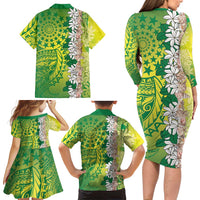 Cook Islands Tiare Maori With Conch Shell Family Matching Long Sleeve Bodycon Dress and Hawaiian Shirt Pasifika Fest Polynesian Tattoo Green LT14 - Polynesian Pride