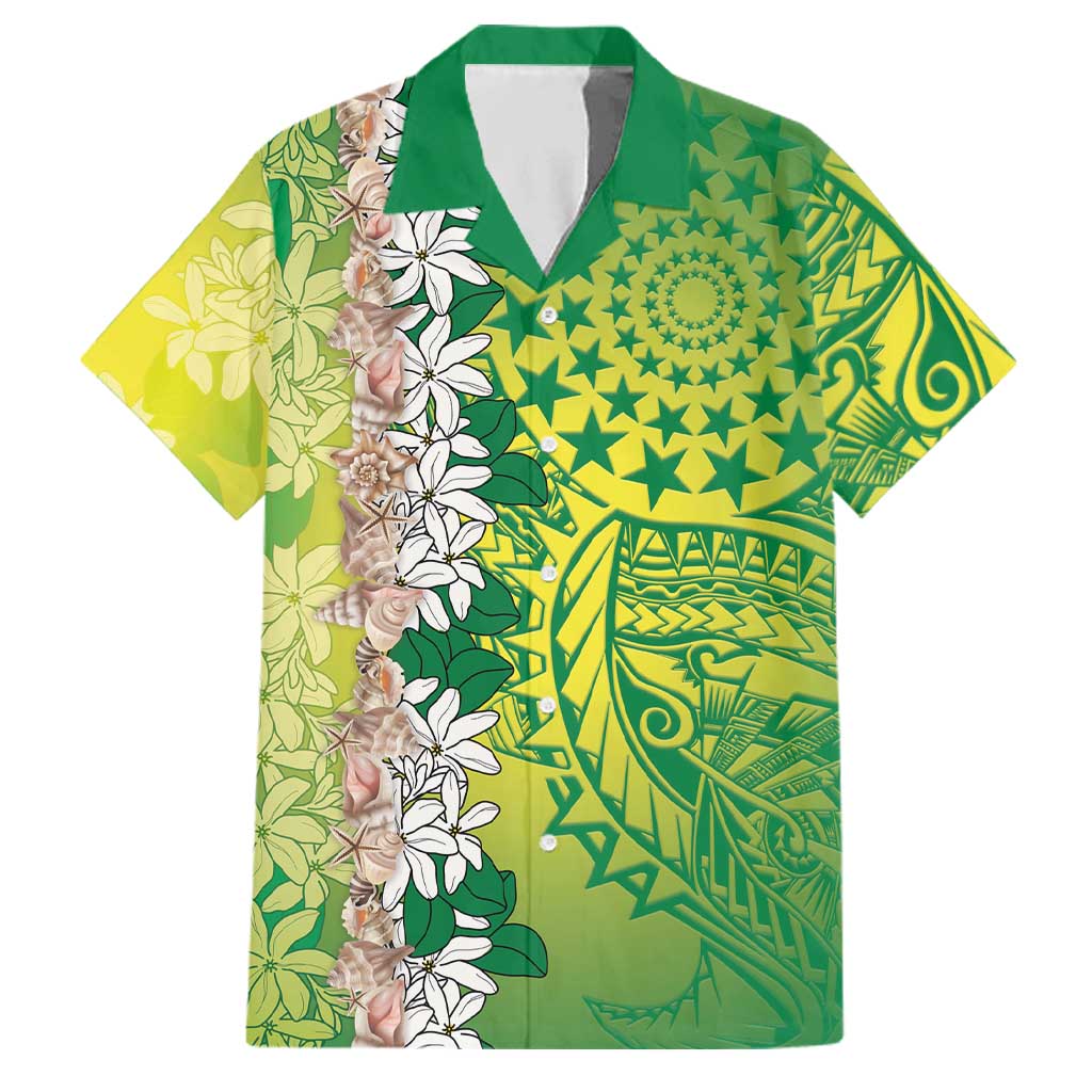 Cook Islands Tiare Maori With Conch Shell Family Matching Long Sleeve Bodycon Dress and Hawaiian Shirt Pasifika Fest Polynesian Tattoo Green LT14 Dad's Shirt - Short Sleeve Green - Polynesian Pride