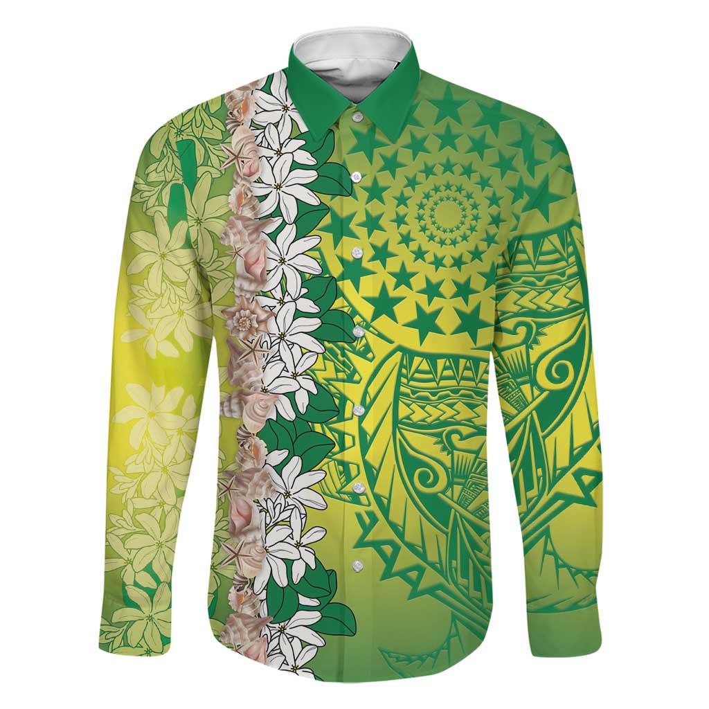 Cook Islands Tiare Maori With Conch Shell Family Matching Long Sleeve Bodycon Dress and Hawaiian Shirt Pasifika Fest Polynesian Tattoo Green LT14 Dad's Shirt - Long Sleeve Green - Polynesian Pride