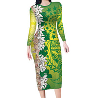 Cook Islands Tiare Maori With Conch Shell Family Matching Long Sleeve Bodycon Dress and Hawaiian Shirt Pasifika Fest Polynesian Tattoo Green LT14 Mom's Dress Green - Polynesian Pride