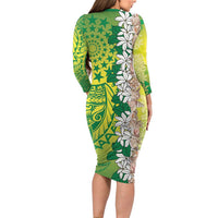 Cook Islands Tiare Maori With Conch Shell Family Matching Long Sleeve Bodycon Dress and Hawaiian Shirt Pasifika Fest Polynesian Tattoo Green LT14 - Polynesian Pride