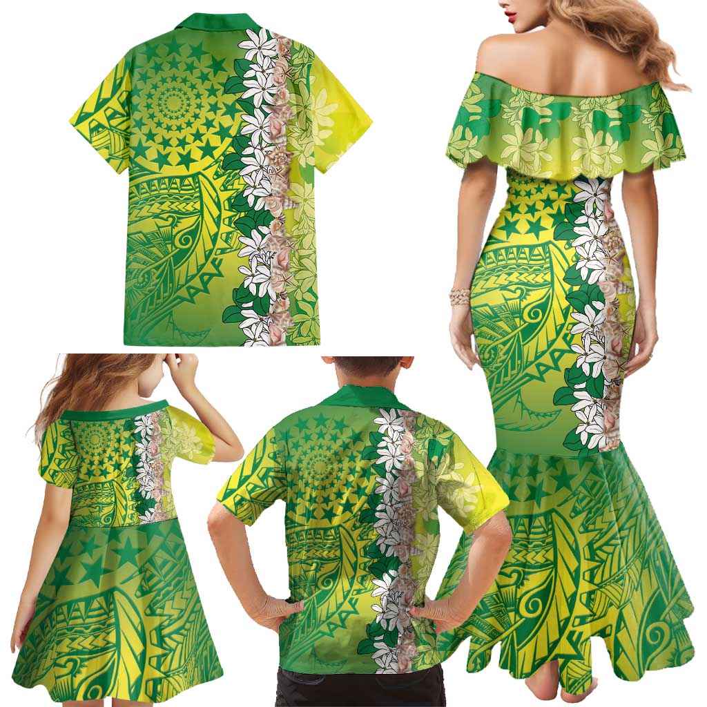 Cook Islands Tiare Maori With Conch Shell Family Matching Mermaid Dress and Hawaiian Shirt Pasifika Fest Polynesian Tattoo Green