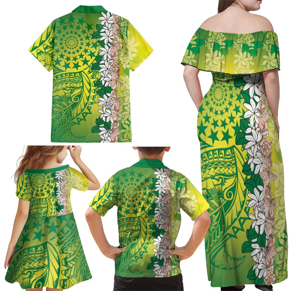Cook Islands Tiare Maori With Conch Shell Family Matching Off Shoulder Maxi Dress and Hawaiian Shirt Pasifika Fest Polynesian Tattoo Green