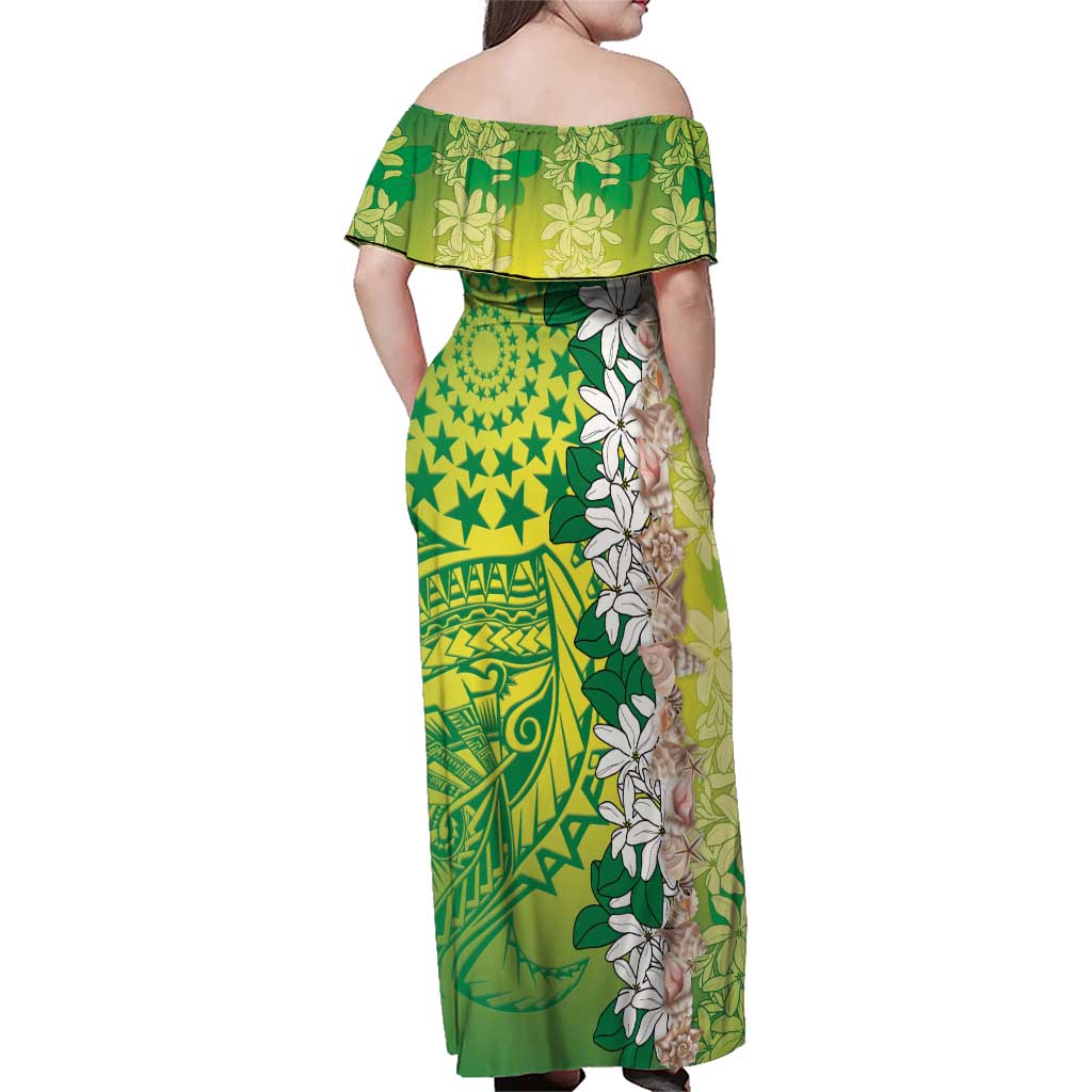 Cook Islands Tiare Maori With Conch Shell Family Matching Off Shoulder Maxi Dress and Hawaiian Shirt Pasifika Fest Polynesian Tattoo Green