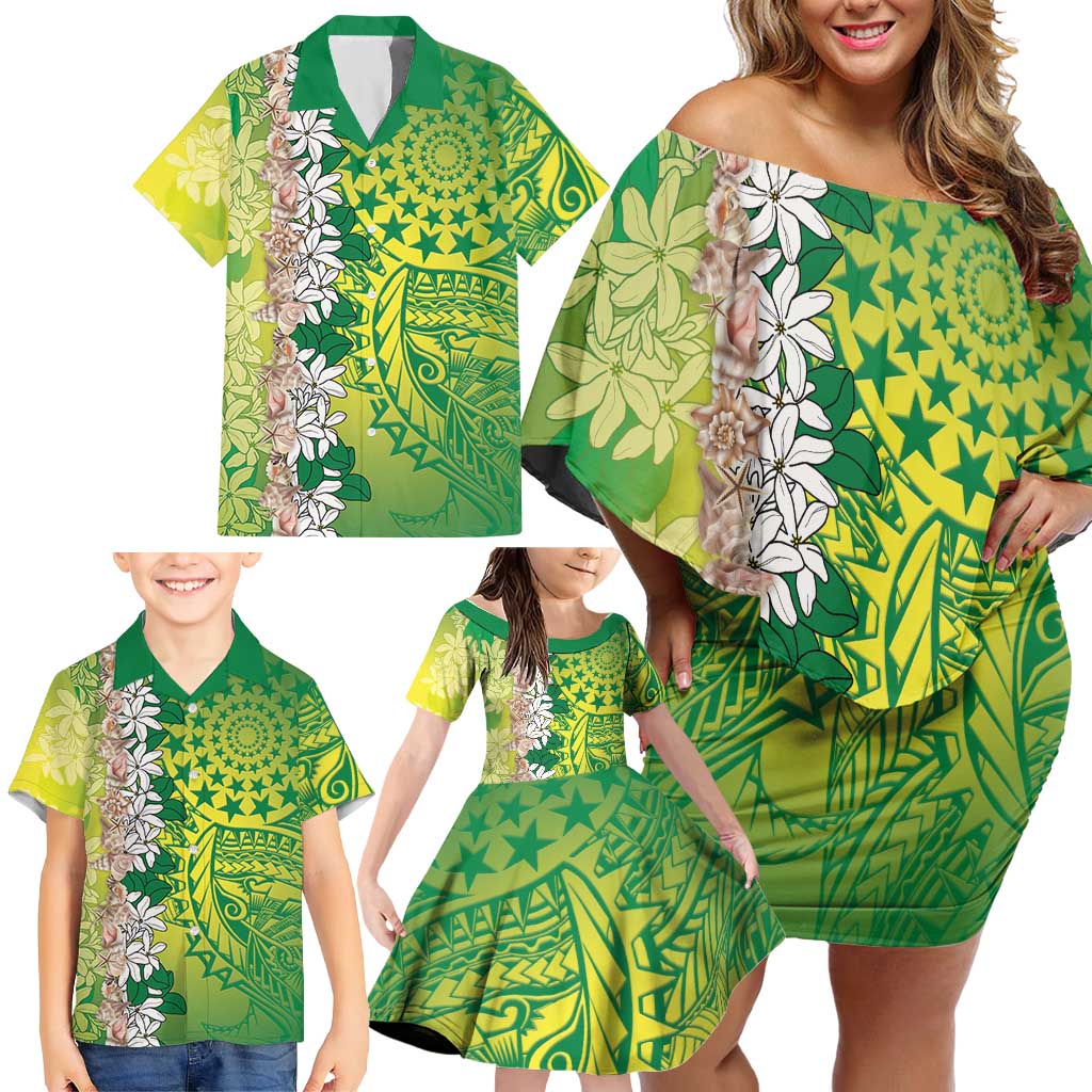 Cook Islands Tiare Maori With Conch Shell Family Matching Off Shoulder Short Dress and Hawaiian Shirt Pasifika Fest Polynesian Tattoo Green