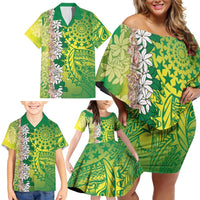 Cook Islands Tiare Maori With Conch Shell Family Matching Off Shoulder Short Dress and Hawaiian Shirt Pasifika Fest Polynesian Tattoo Green