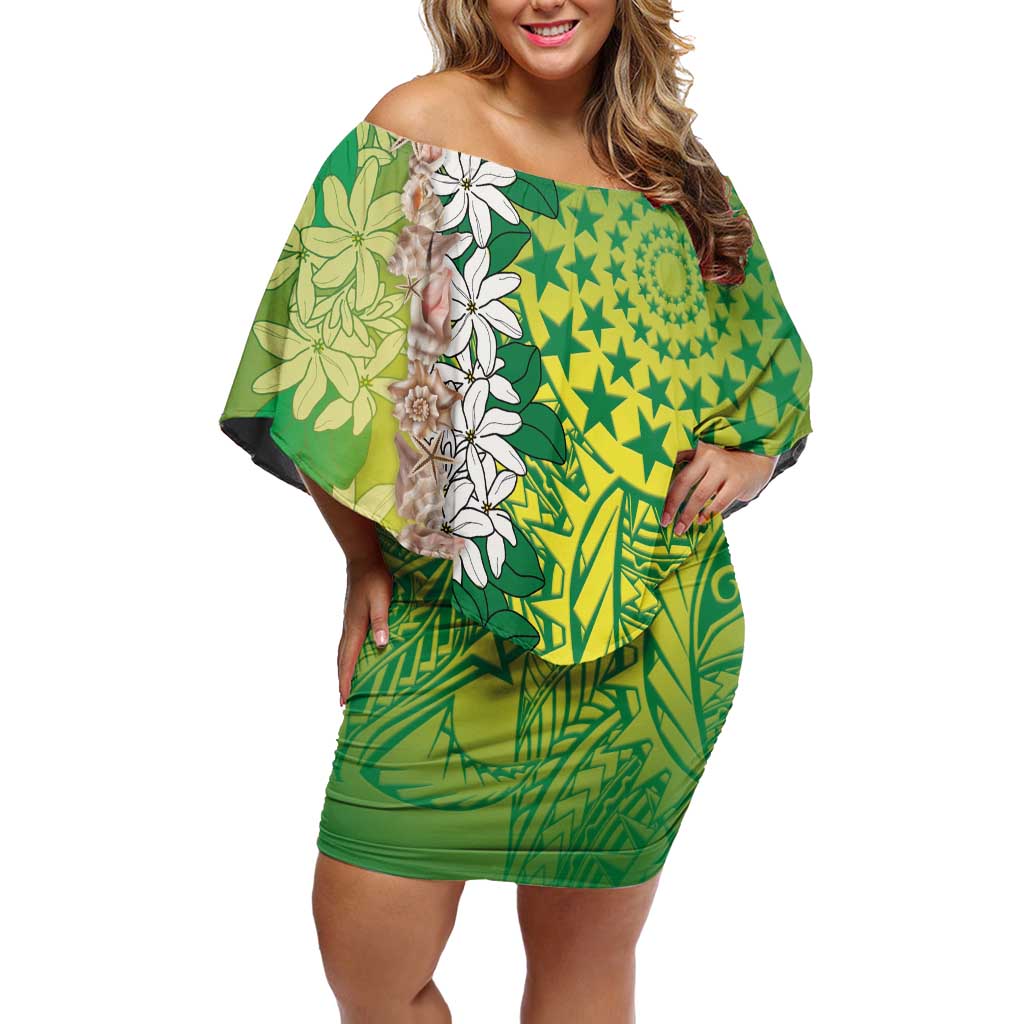 Cook Islands Tiare Maori With Conch Shell Family Matching Off Shoulder Short Dress and Hawaiian Shirt Pasifika Fest Polynesian Tattoo Green