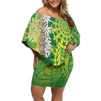 Cook Islands Tiare Maori With Conch Shell Family Matching Off Shoulder Short Dress and Hawaiian Shirt Pasifika Fest Polynesian Tattoo Green