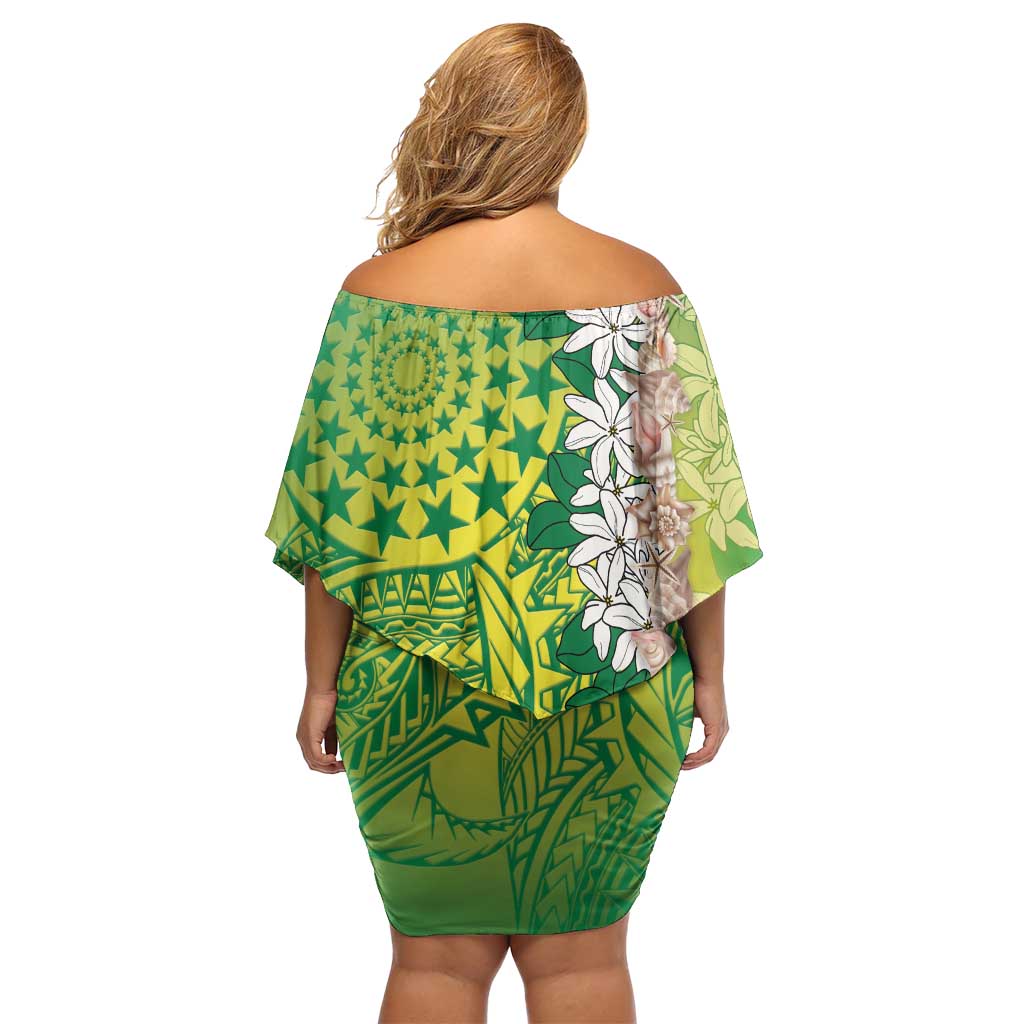 Cook Islands Tiare Maori With Conch Shell Family Matching Off Shoulder Short Dress and Hawaiian Shirt Pasifika Fest Polynesian Tattoo Green