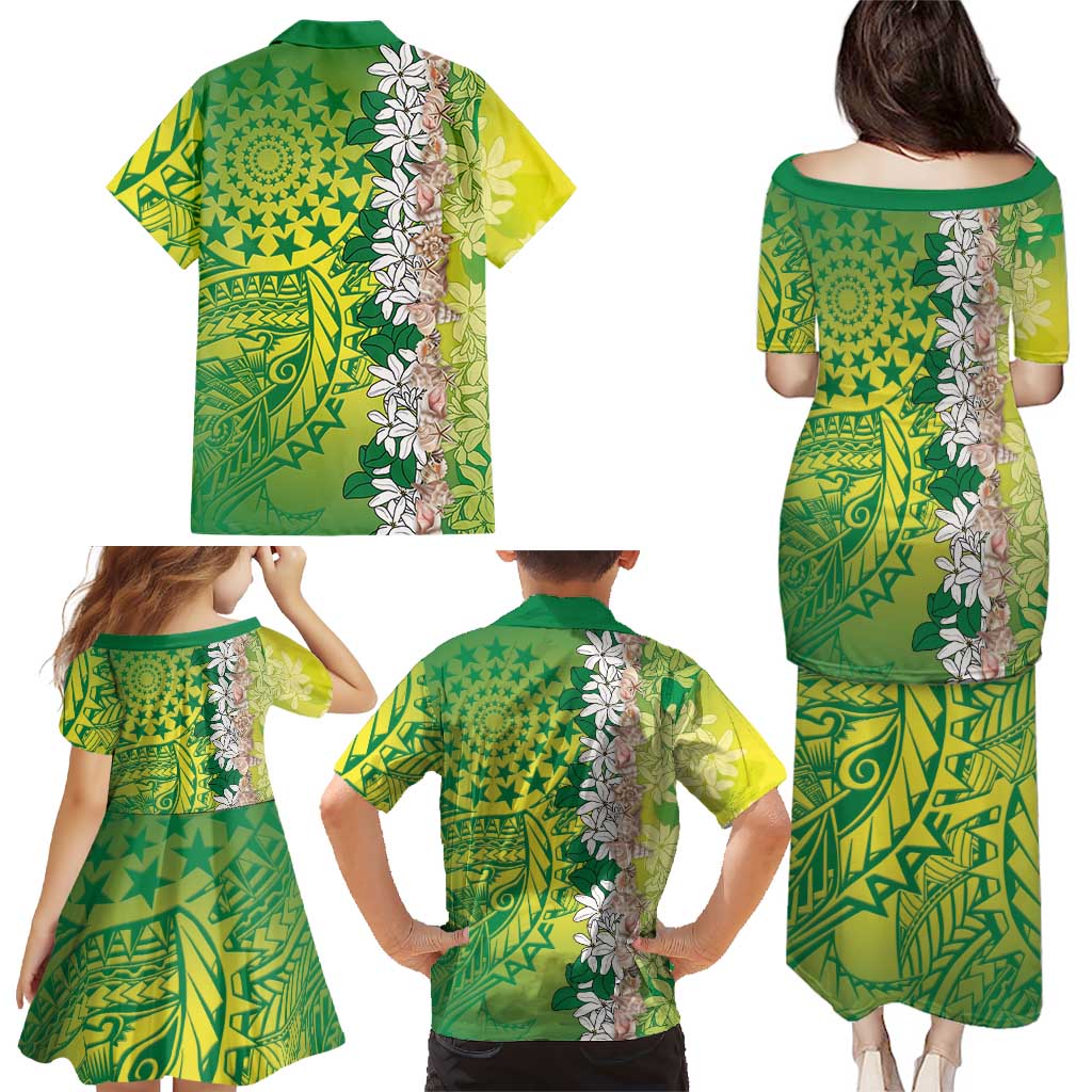 Cook Islands Tiare Maori With Conch Shell Family Matching Puletasi and Hawaiian Shirt Pasifika Fest Polynesian Tattoo Green