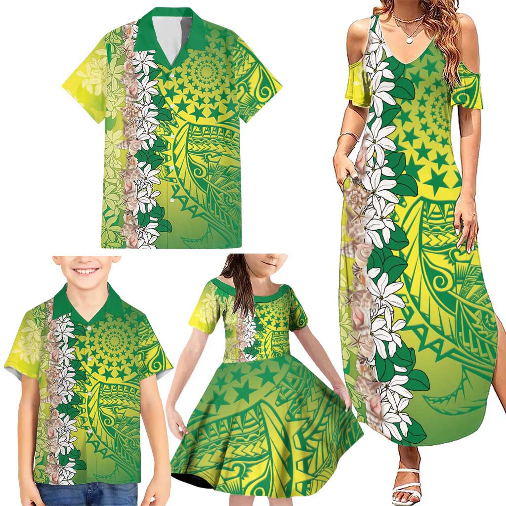 Cook Islands Tiare Maori With Conch Shell Family Matching Summer Maxi Dress and Hawaiian Shirt Pasifika Fest Polynesian Tattoo Green