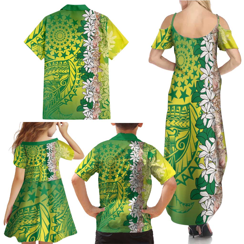 Cook Islands Tiare Maori With Conch Shell Family Matching Summer Maxi Dress and Hawaiian Shirt Pasifika Fest Polynesian Tattoo Green