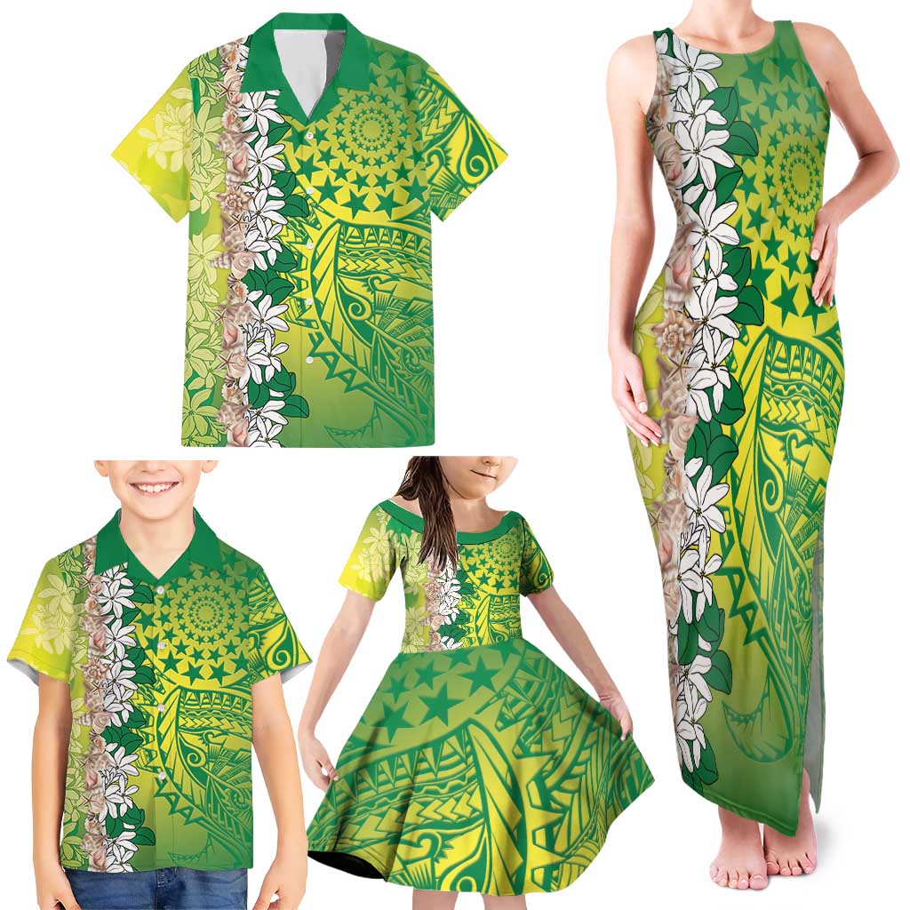 Cook Islands Tiare Maori With Conch Shell Family Matching Tank Maxi Dress and Hawaiian Shirt Pasifika Fest Polynesian Tattoo Green