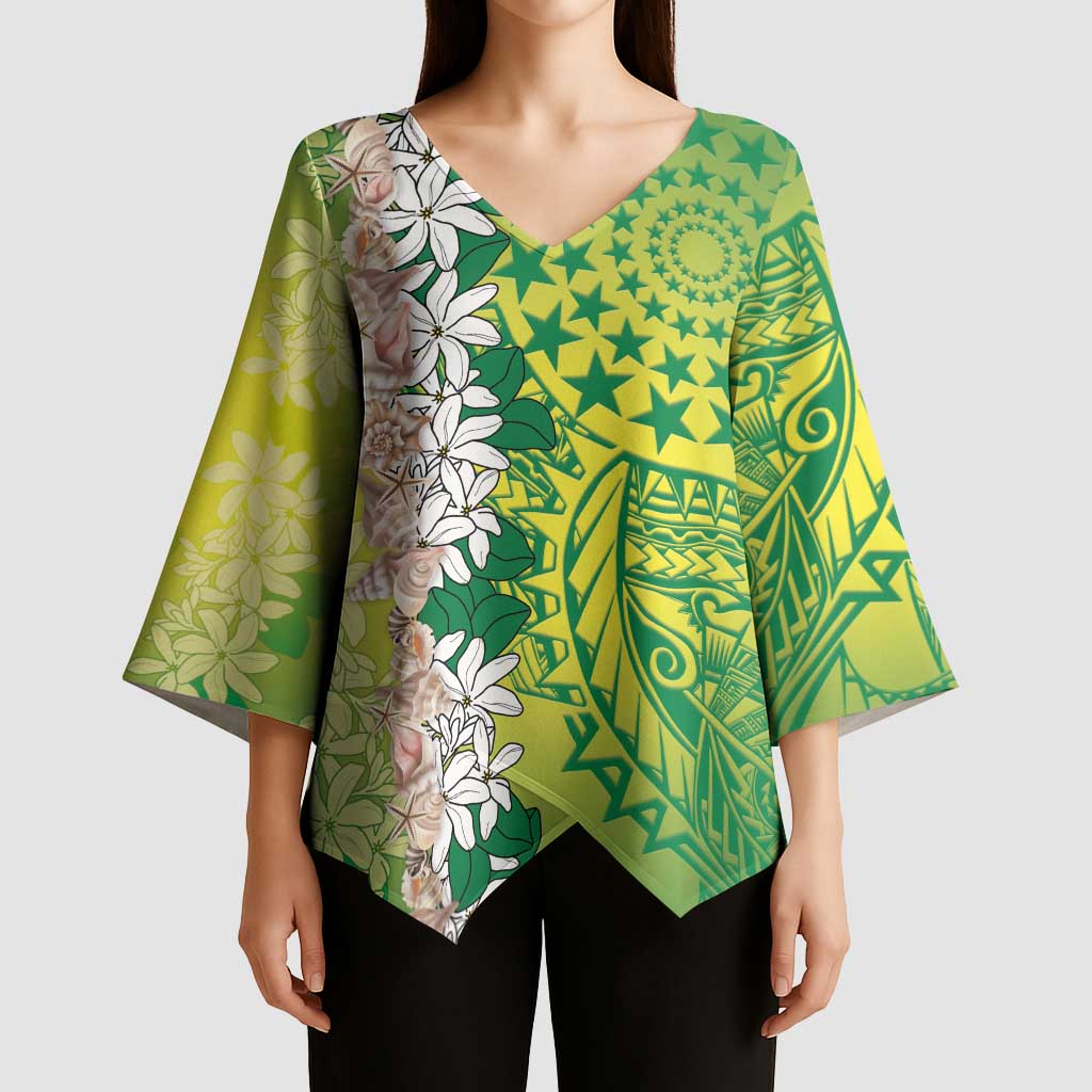 Cook Islands Tiare Maori With Conch Shell Kimono Sleeve Blouse Pasifika Fest Polynesian Tattoo Green