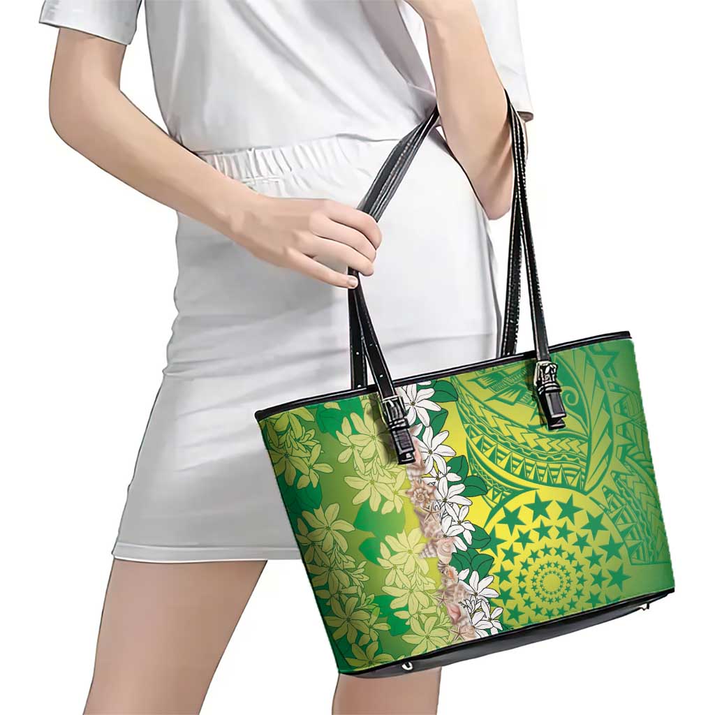 Cook Islands Tiare Maori With Conch Shell Leather Tote Bag Pasifika Fest Polynesian Tattoo Green