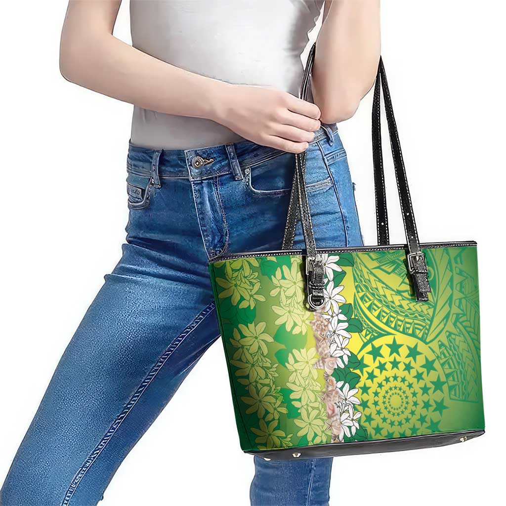 Cook Islands Tiare Maori With Conch Shell Leather Tote Bag Pasifika Fest Polynesian Tattoo Green